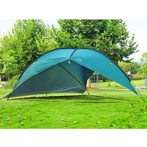 large storm tent front view with one side open